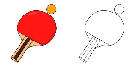 Red table tennis paddle with orange ball. Perfect for art, postcards, cards, wall decor, t-shirts, cards, prints, picture books, coloring books, wallpapers, prints, cards, etc.の写真素材
