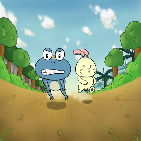 Cartoon illustration of frog and rabbit running. Perfect for art, postcards, cards, wall decor, t-shirts, cards, prints, picture books, coloring books, wallpapers, prints, cardsの写真素材