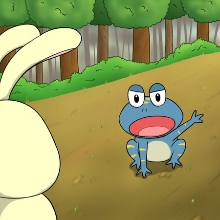 Illustration of a frog getting angry at a rabbit. Perfect for art, postcards, cards, wall decor, t-shirts, cards, prints, picture books, coloring books, wallpapers, prints, cards,の写真素材