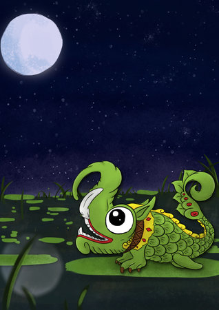 Makara is a legendary sea creature in Hindu mythology cartoon illustration. Perfect for art, postcards, cards, wall decor, t-shirts, cards, prints, picture books, coloring books, wの写真素材