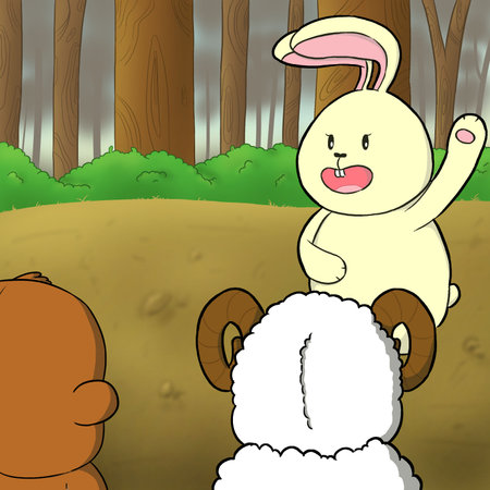 Illustration of a rabbit talking to a sheep and a monkey. Perfect for art, postcards, cards, wall decor, t-shirts, cards, prints, picture books, coloring books, wallpapers, prints,の写真素材
