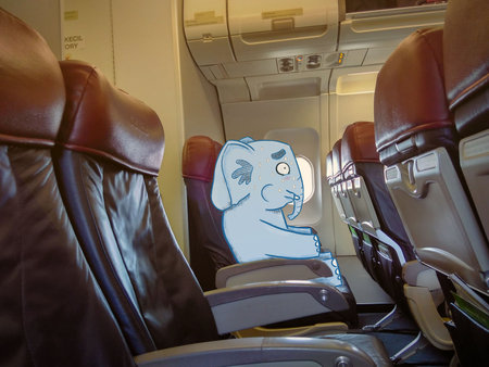Illustration of a panicked elephant sitting on a plane. Perfect for art, postcards, cards, wall decor, t-shirts, cards, prints, picture books, coloring books, wallpapers, prints, cの写真素材