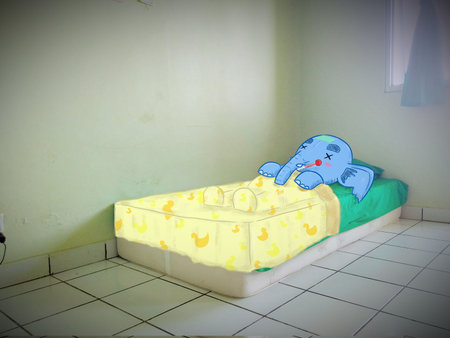 Illustration of an elephant sleeping because of a fever. Perfect for art, postcards, cards, wall decor, t-shirts, cards, prints, picture books, coloring books, wallpapers, prints,の写真素材