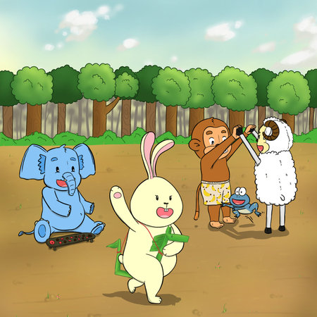Illustration of rabbit, frog, monkey, elephant, goat playing traditional game. Perfect for art, postcards, cards, wall decor, t-shirts, cards, prints, picture books, coloring booksの写真素材