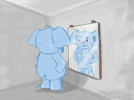 Illustration of an elephant looking in the mirror wanting to be skinny. Perfect for art, postcards, cards, wall decor, t-shirts, cards, prints, picture books, coloring books, wallpの写真素材