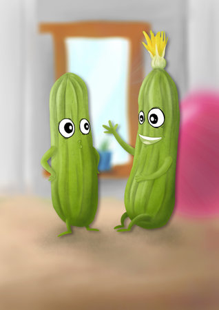 Two cucumber cartoon illustration. Perfect for art, postcards, cards, wall decor, t-shirts, cards, prints, picture books, coloring books, wallpapers, prints, cards, etc.の写真素材