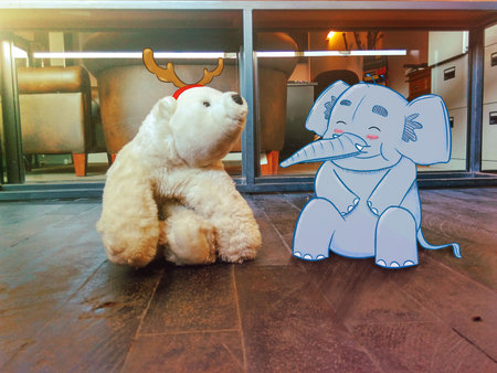 Illustration of a rabbit talking to a polar bear. Perfect for art, postcards, cards, wall decor, t-shirts, cards, prints, picture books, coloring books, wallpapers, prints, cards,の写真素材