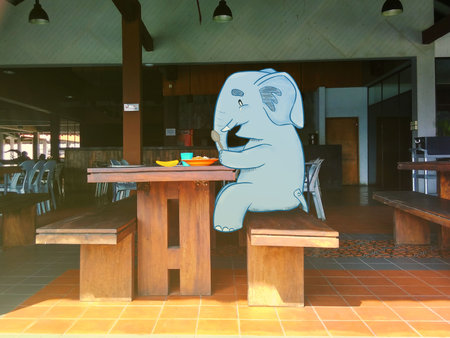 Illustration of an elephant having breakfast. Perfect for art, postcards, cards, wall decor, t-shirts, cards, prints, picture books, coloring books, wallpapers, prints, cards, etcの写真素材