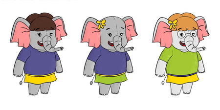 Illustration of elephant girl 3 styles. Perfect for art, postcards, cards, wall decor, t-shirts, cards, prints, picture books, coloring books, wallpapers, prints, cards, etc.の写真素材