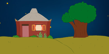 Illustration of a house at night. Perfect for art, postcards, cards, wall decor, t-shirts, cards, prints, picture books, coloring books, wallpapers, prints, cards, etc.の写真素材