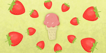 Ice cream strawberry. Perfect for art, postcards, cards, wall decor, t-shirts, cards, prints, picture books, coloring books, wallpapers, prints, cards, etc.の写真素材