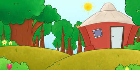 Illustration of a house in the middle of the forest. Perfect for art, postcards, cards, wall decor, t-shirts, cards, prints, picture books, coloring books, wallpapers, prints, cardの写真素材