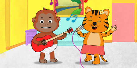 Cute tiger and monkey playing music. Perfect for art, postcards, cards, wall decor, t-shirts, cards, prints, picture books, coloring books, wallpapers, prints, cards, etc.の写真素材