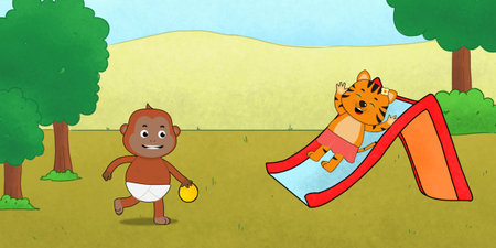 Cute monkey and tiger playing in the garden. Perfect for art, postcards, cards, wall decor, t-shirts, cards, prints, picture books, coloring books, wallpapers, prints, cards, etc.の写真素材