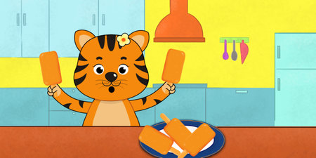 Cute tiger brings orange ice cream. Perfect for art, postcards, cards, wall decor, t-shirts, cards, prints, picture books, coloring books, wallpapers, prints, cards, etc.の写真素材