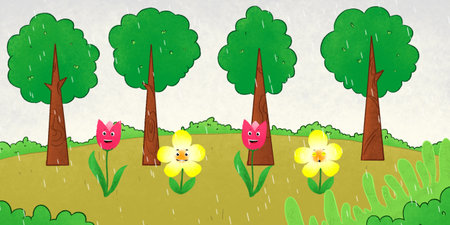 Background of trees and flowers in the rain. Perfect for art, postcards, cards, wall decor, t-shirts, cards, prints, picture books, coloring books, wallpapers, prints, cards, etc.の写真素材