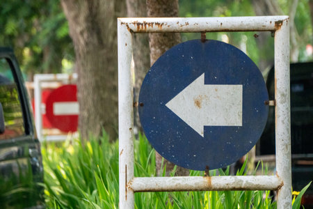 Blue circular traffic sign indicates a mandatory left turn. A white arrow symbol is centered on the blue background to indicate the direction of traffic.