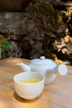 Green tea is served in Japanese tea garden in San Fracisco.の写真素材