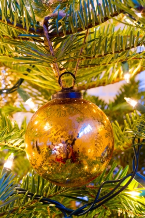 Elegant beautiful Christmas tree ornaments hang from this fir with lights and decorations all around.の写真素材
