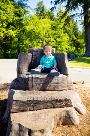 A cute young boy sits on a stump carved into a seat at a park outdoors for this cute and simple portrait.の写真素材