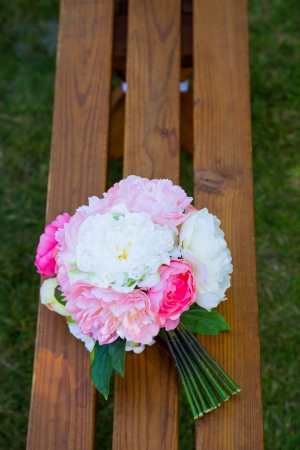 Flowers at a wedding ceremony celebration outdoors at a park.の写真素材