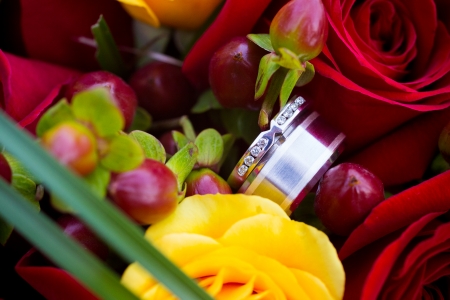 Wedding rings of the bride and groom are placed on flowers for a closeup color image.の写真素材