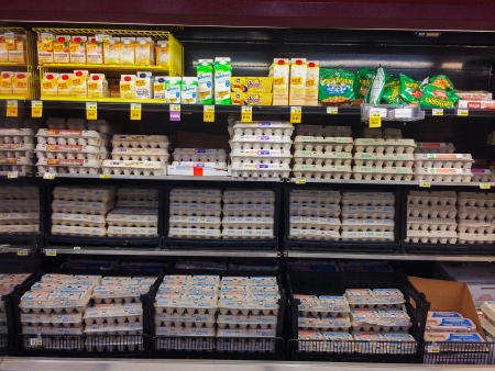 SPRINGFIELD, OR - DECEMBER 27: Egg selection at Fred Meyer in Springfield, OR on December 27, 2013. Egg production reaches 6.95 billion eggs in the USA in 2013.のeditorial素材
