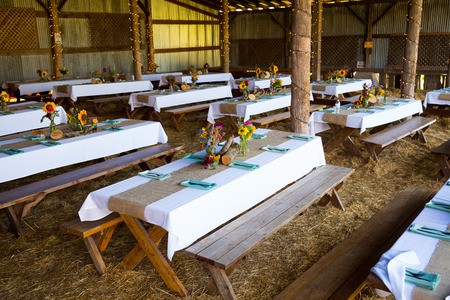 Overview of this wedding reception shows the tables ready for guests with organic natural decor and decorations.の写真素材