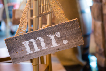 Mr and Mrs signs used for decor at a wedding reception.の写真素材
