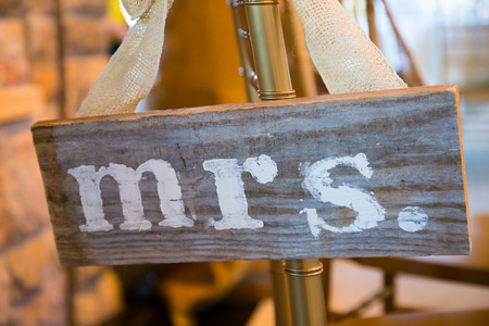 Mr and Mrs signs used for decor at a wedding reception.の写真素材
