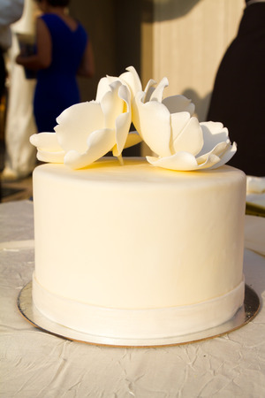 Detail of a white wedding cake at a reception.の写真素材