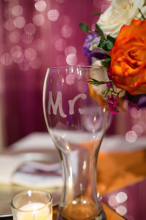 Wedding reception glass with detail written on it before drinks are poured.の写真素材