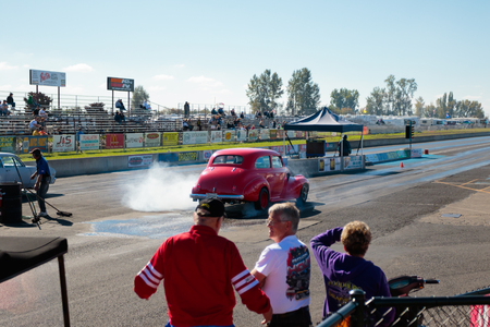 WOODBURN, OR - SEPTEMBER 27, 2015: Classic car competing in the open shifter classification at the NHRA 30th Annual Fall Classic at the Woodburn Dragstrip.のeditorial素材