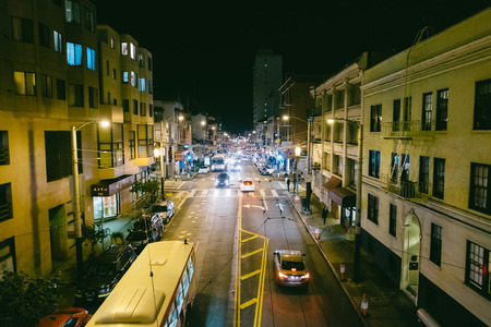 SAN FRANCISCO, CA - DECEMBER 10, 2015: Night photo of Stockton Street in downtown San Francisco.のeditorial素材