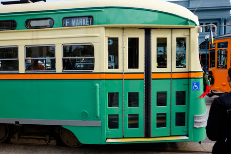 SAN FRANCISCO, CA - DECEMBER 12, 2015: Public transportation street car in San Francisco along the Embarcadero.のeditorial素材