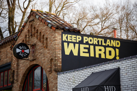 PORTLAND, OR - FEBRUARY 2, 2016: Keep Porltland Weird sign at a well known record store in downtown PDX.のeditorial素材