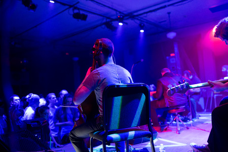 EUGENE, OR - JANUARY 9, 2015: Independent postrock band This Patch of Sky performs a concert at the famed Wow Hall in Eugene, Oregon.のeditorial素材