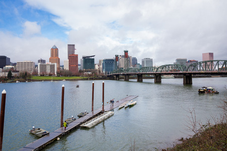 PORTLAND, OR - FEBRUARY 27, 2016: Downtown Portland Oregon seen on a cloudy day from across the Willamette River.のeditorial素材