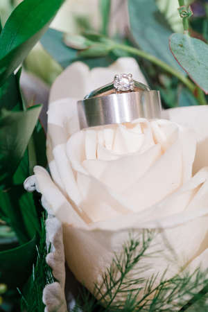 Bride and groom wedding rings macro closeup on a white rose at an indoor winter wedding reception.の写真素材