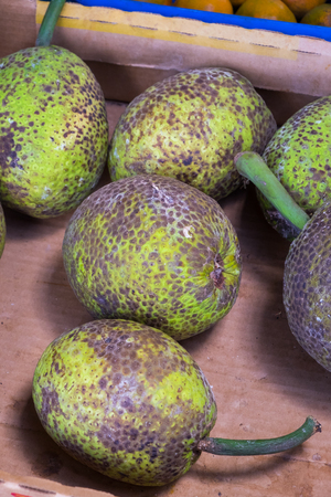 Tropical green fruit at a Hawaii farmers market on the North Shore of Oahu.