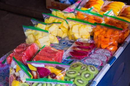 Hawaii farmers market with mixed tropical fruit ready to eat on the North Shore of Oahu.の写真素材
