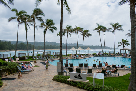 TURTLE BAY, OAHU, HAWAII - FEBRUARY 19, 2017: Pool and famed restaurant The Point at Turtle Bay Resort on the Northshore of Oahu Hawaii.のeditorial素材