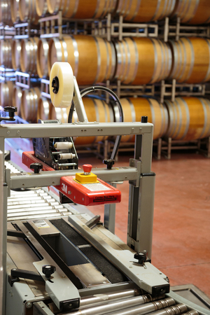 EUGENE, OR - MAY 2, 2015: Barrel room detail of large wine barrels stacked together at Sweet Cheeks...