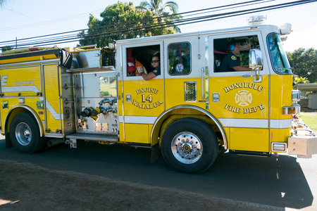 HALEIWA, OAHU, HAWAII - FEBRUARY 15, 2017: Honolulu Fire Department heads back to the station after...