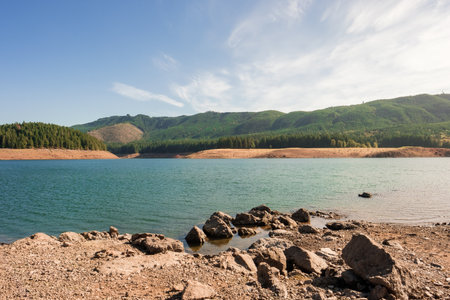 Fall Creek Reservoir almost empty in the Summerの写真素材