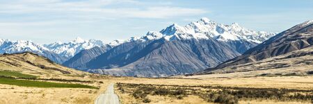 Road to the mountains. Mountain road in New Zealand landscape.の写真素材