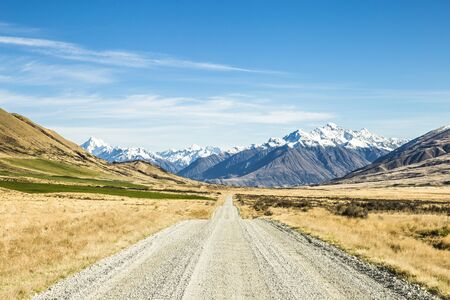 Road to the mountains. Mountain road in New Zealand landscape.の写真素材