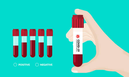 Vector illustration of hand holding corona virus (covid-19) test tube with sample of blood cells and serum in test tube. Positive and negative wording at bottom. Medical tests flat icon style.のイラスト素材