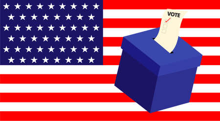 Presidential election in United States banner.Voting paper in ballot box on America map background.US Presidential election campaign poster.Usa debate of president voting concepts.Vector illustration.のイラスト素材