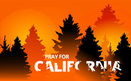 Illustration vector graphic of forest fire in California state, USA. Trees about to burn in red, orange wildfire. Creek fire in the forest. Pray for California's Creek Fire concept. Flat style.のイラスト素材